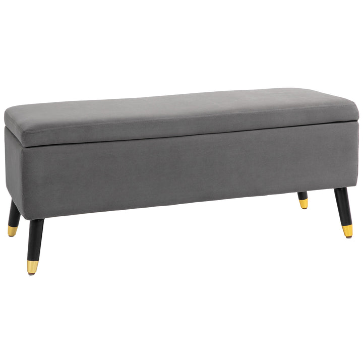 Bænk, polstret bænk med opbevaring, kommodebænk, metal, skum, gummitræ, antracitgrå, 110 x 43 x 45 cm
