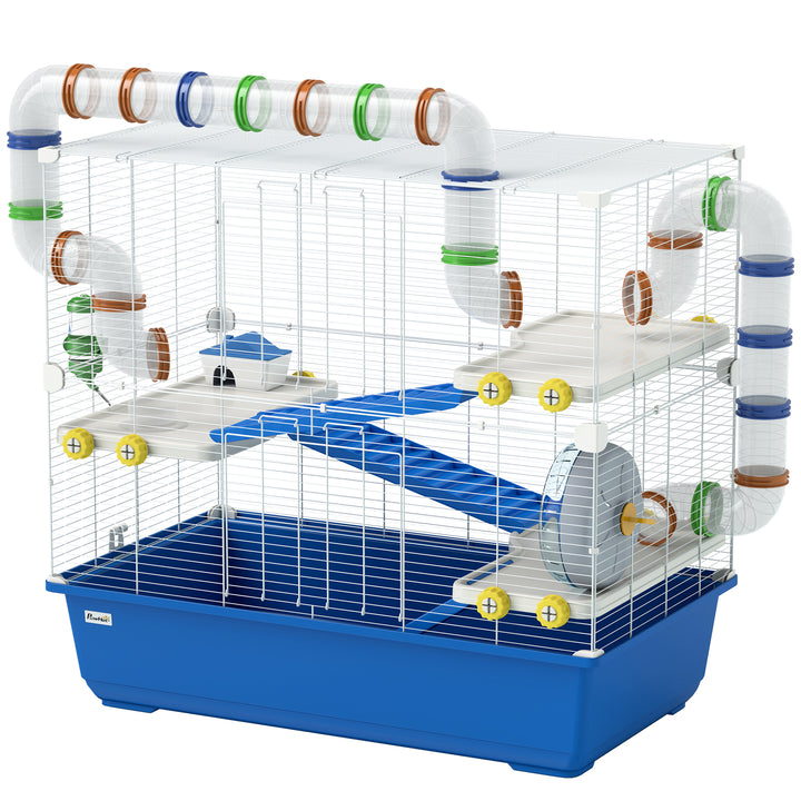 Hamsterbur med 4 niveauer, bur til små dyr med tunnelsystem, hytte, træningshjul, til dværghamstere, 78 x 45 x 73 cm, blå