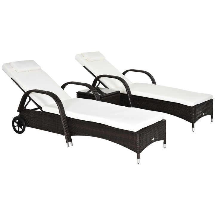 Sæt med 3 liggestole, 2 havestole med sidebord, inklusive hynder, polyrattan, brun og cremehvid
