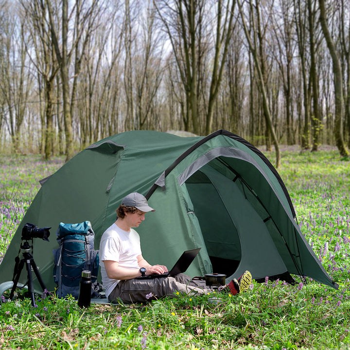 2-Personers campingtelt, netåbninger, lampekrog, bæretaske, grå+gul