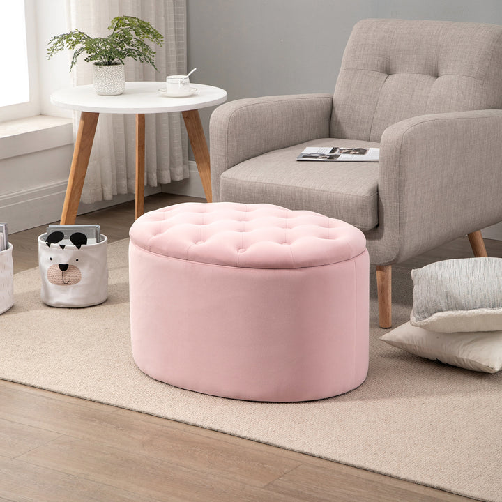 Bænk med opbevaringsplads, polstret bænk med fløjlslook, oval formet kommodebænk til stue, soveværelse, entre, 71 x 52 x 42 cm, lyserød