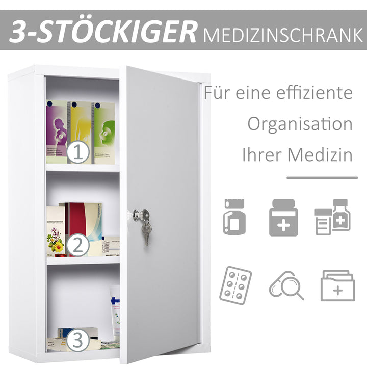 Kleankin medicinskab til medicinopbevaring, aflåseligt metalmedicinskab med 3 rum, førstehjælpsskab, 40 x 18 x 60 cm, hvid