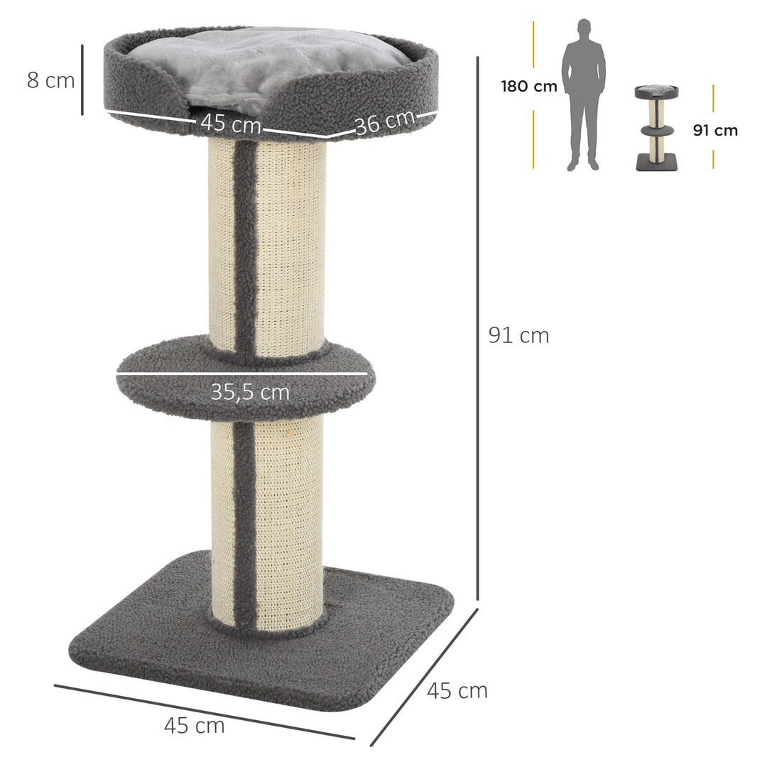 Kradsetræ 91 cm kattetårn med sisalstolper, platform, hynde, kradsetræ i flere niveauer, klatretræ, til mellemstore katte, grå