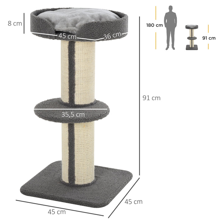 Kradsetræ 91 cm kattetårn med sisalstolper, platform, hynde, kradsetræ i flere niveauer, klatretræ, til mellemstore katte, grå