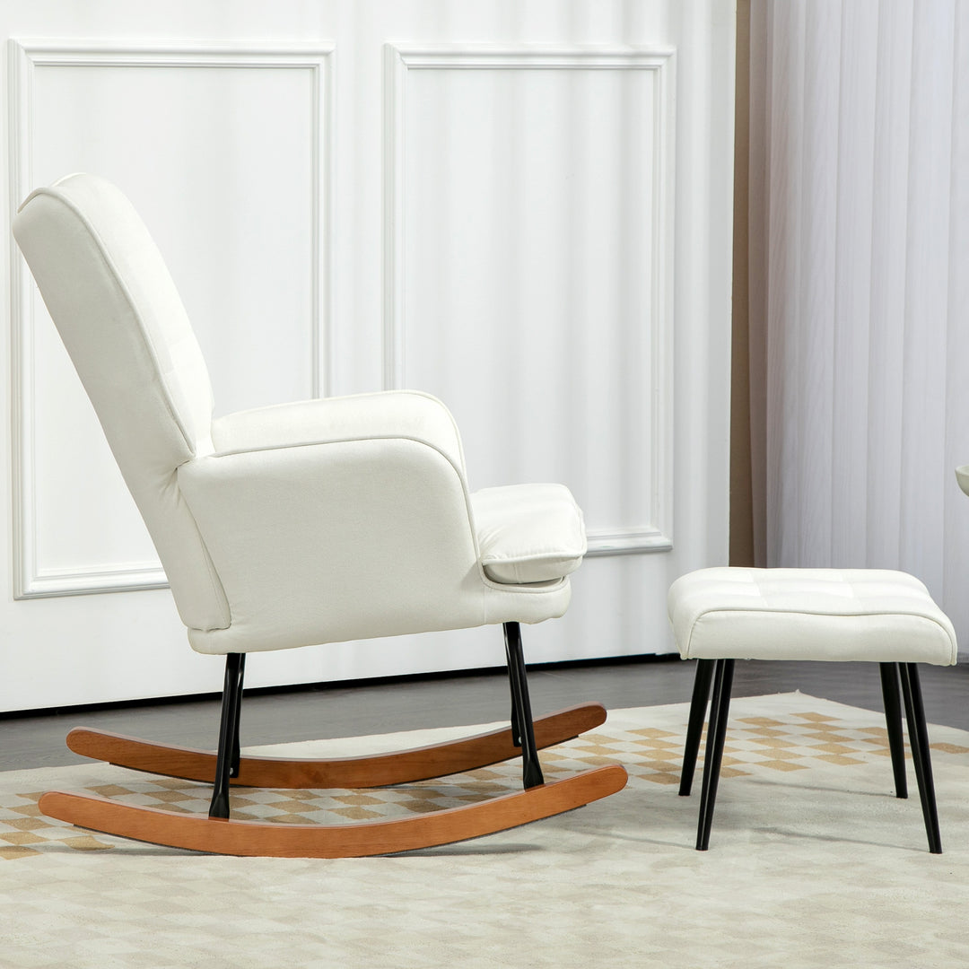 Gyngestol med skammel, blidt gyngesystem, imiteret linned, 64 x 89 x 90 cm, cremehvid