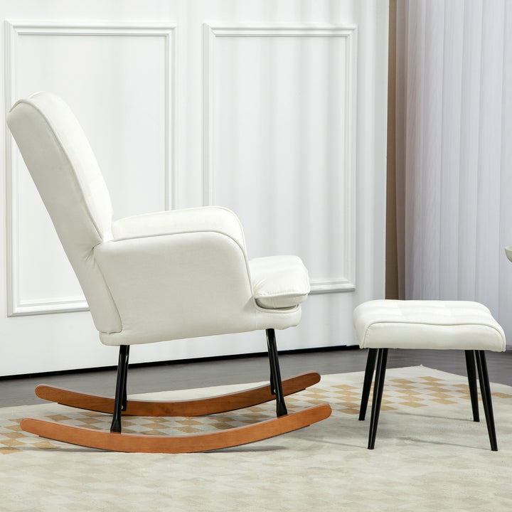 Gyngestol med skammel, blidt gyngesystem, imiteret linned, 64 x 89 x 90 cm, cremehvid