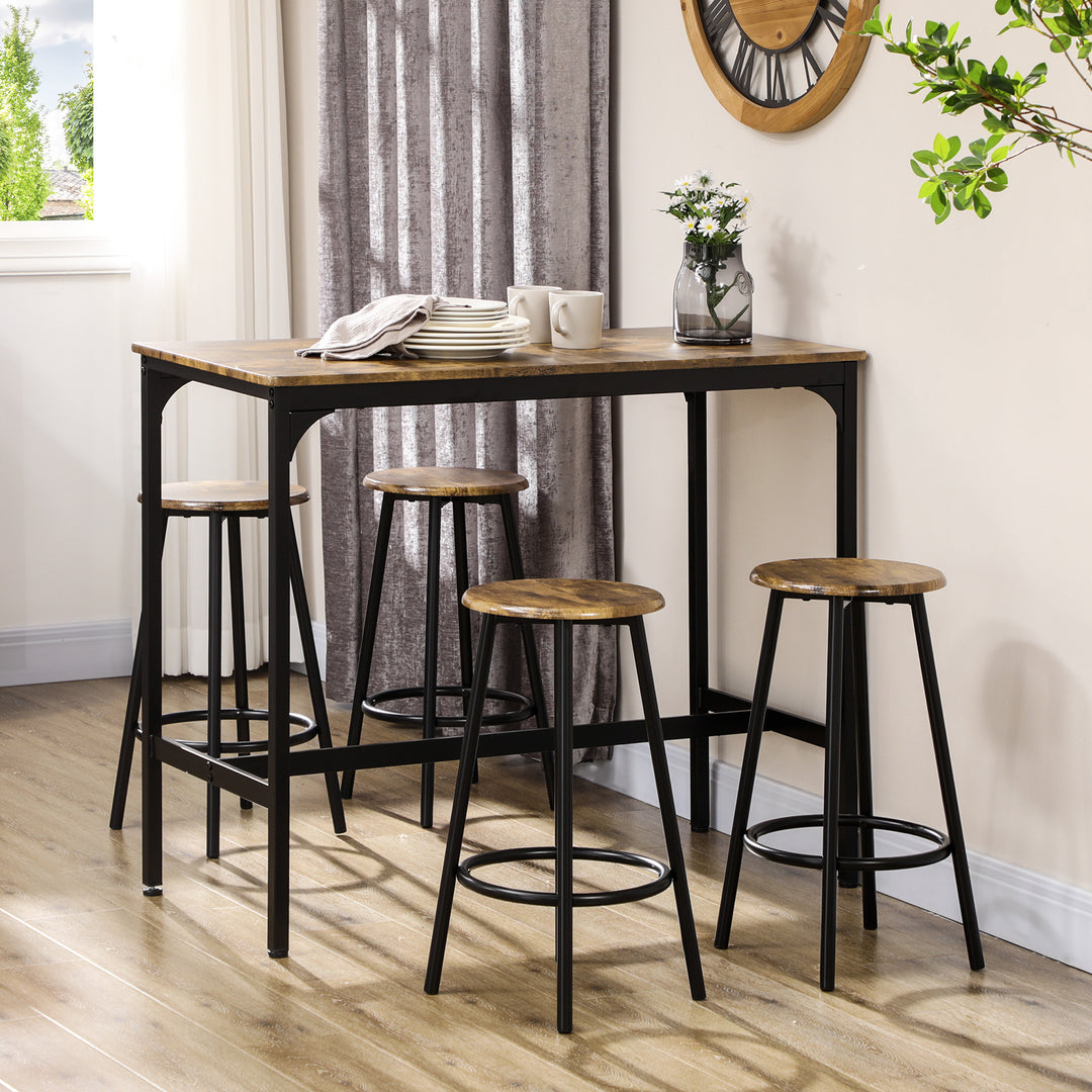 5-Delt barbordssæt i industrielt design, 1 barbord, 4 barstole, siddegruppe, køkkenbordplade, sort + brun