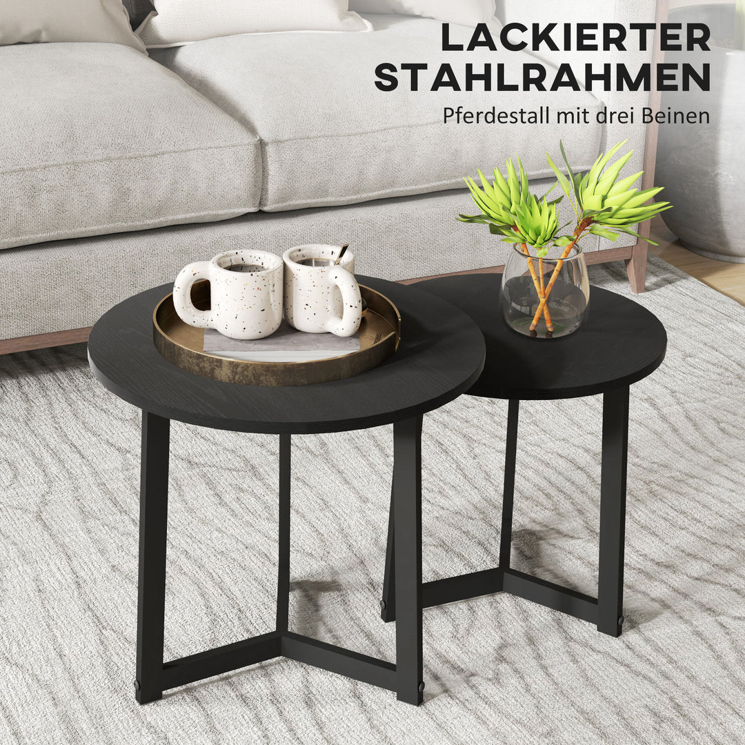 Moderne sofabordsæt med 2, metalstel, MDF, rundt design, stabelbart, sort