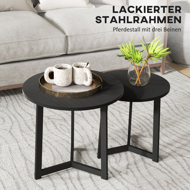Moderne sofabordsæt med 2, metalstel, MDF, rundt design, stabelbart, sort