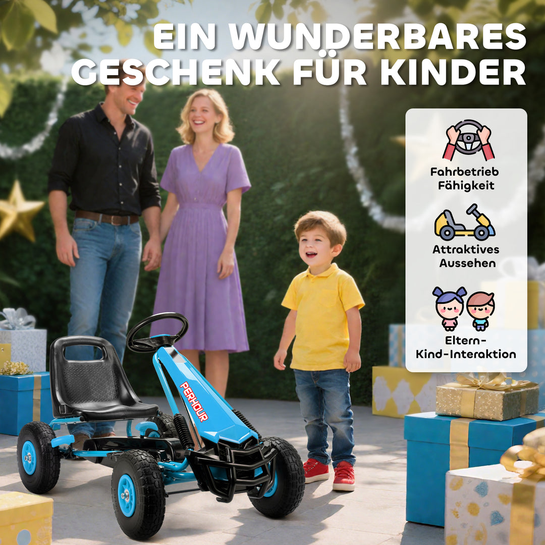 Pedal-gokart til børn, højdejusterbart sæde, EVA-hjul, bremse, kobling, alder 3-8, blå