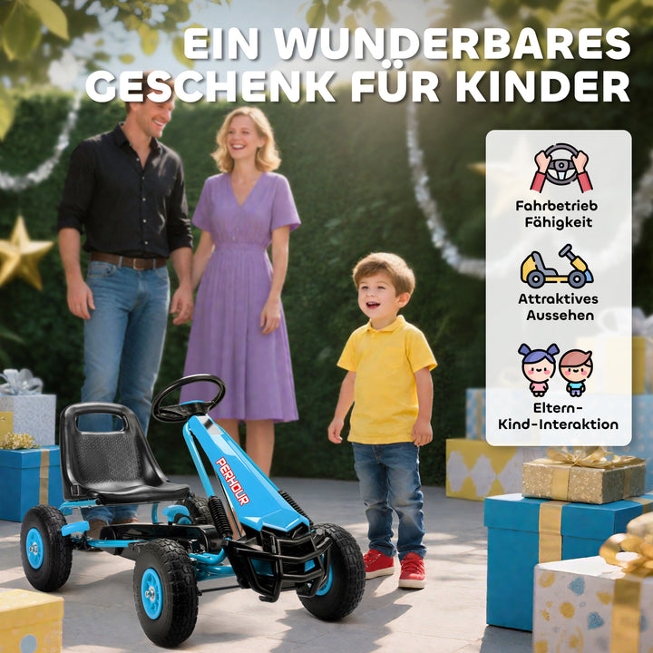 Pedal-gokart til børn, højdejusterbart sæde, EVA-hjul, bremse, kobling, alder 3-8, blå