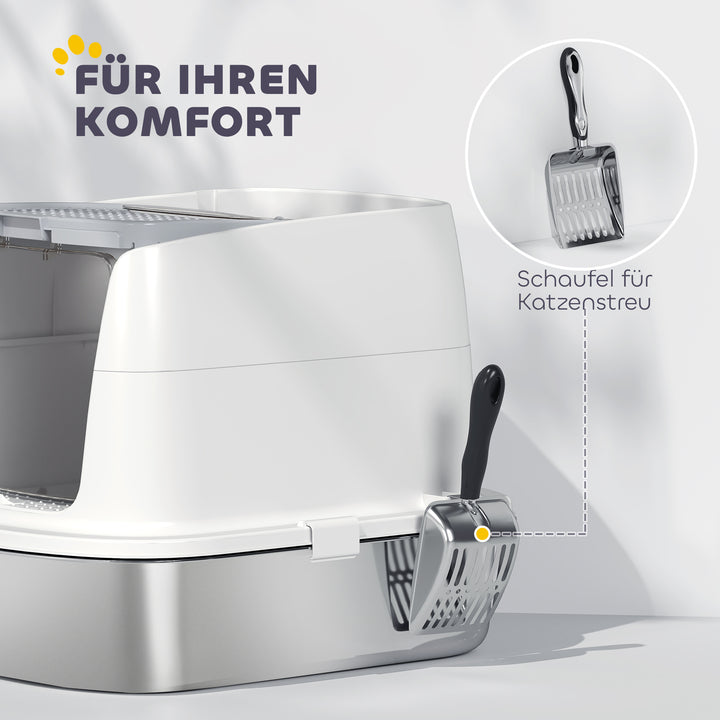 Kattebakke i rustfrit stål, lukket kattebakke med ske, lugtpose, indgang/udgang