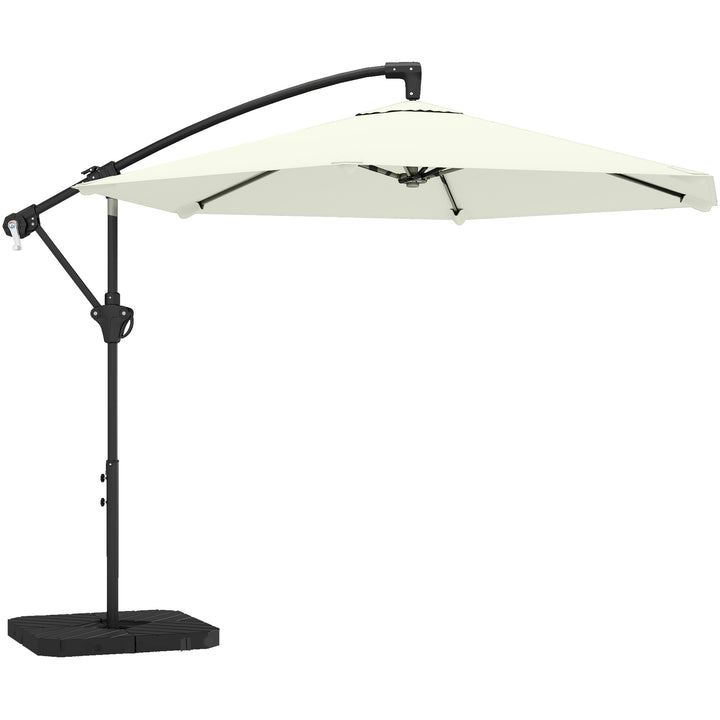 Fritstående parasol ca. Ø300 cm, solskærm med låsemekanisme, håndsving, stativ, vægte, cremehvid