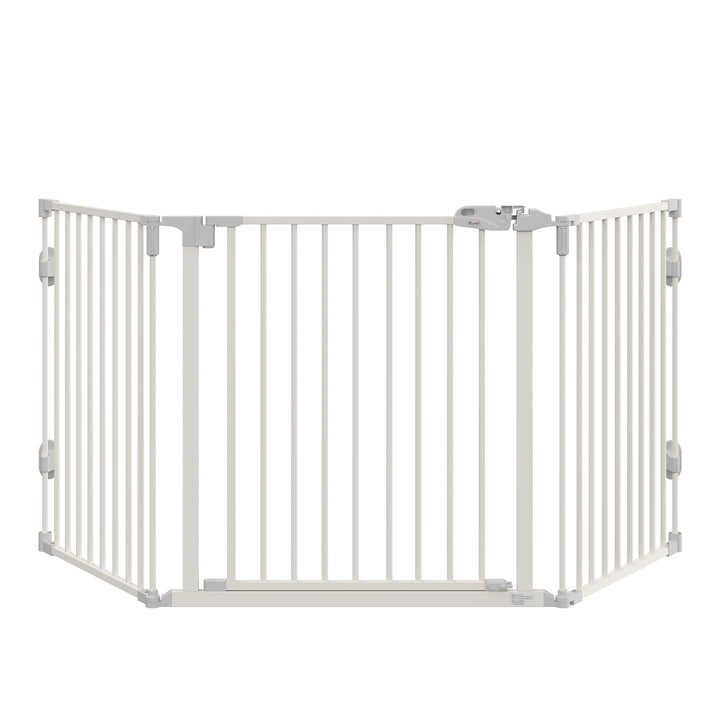 Hundebarrierer sikkerhedslåge kæledyrssikkerhedslåge justerbar foldbar pejsrist med automatisk lukning 3 paneler til komfur vægmonteret/fritstående hvid 202,5 x 76 cm