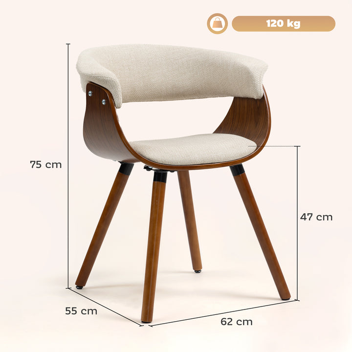 Spisestol, hørlook stof, buet ryglæn, træben, beige