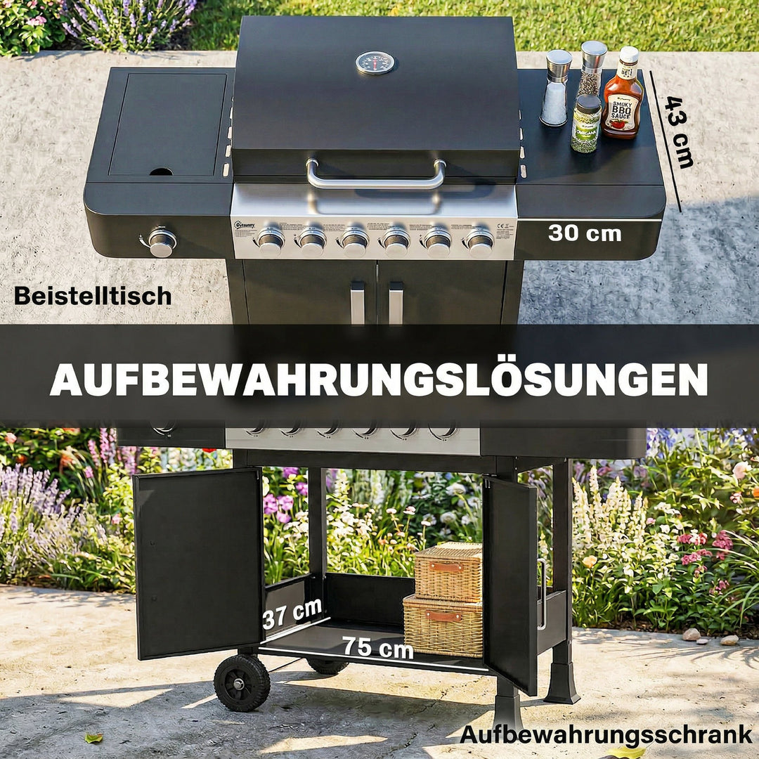 Gasgrill 17,8 kW 6+1 brænder BBQ grillvogn lavet af rustfrit stål inklusive hjul, sidebrænder, termometer, emaljeret grillrist