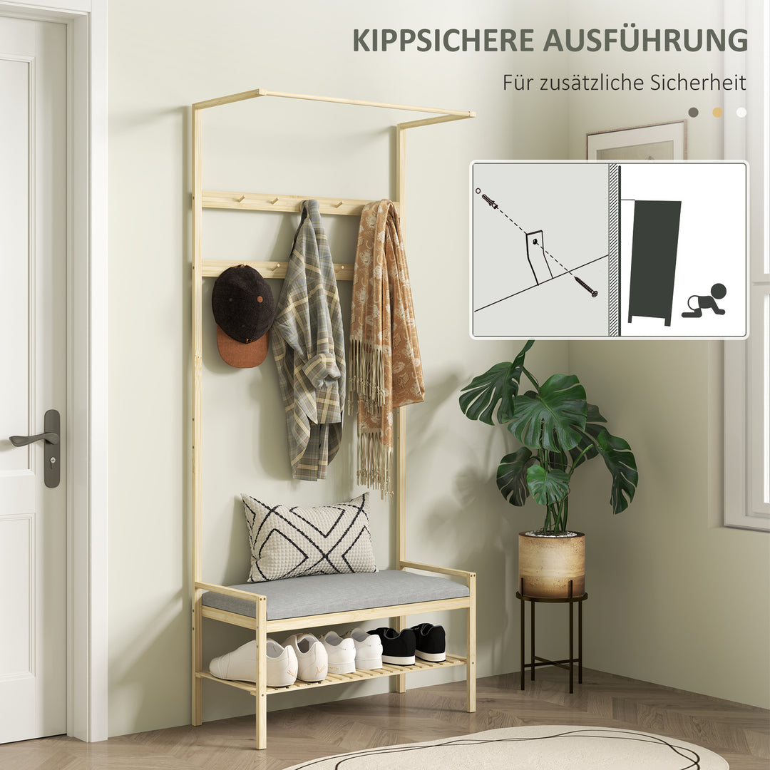 Garderobe med skobænk, bøjlestang, 10 knagerækker, skohylde, bambus