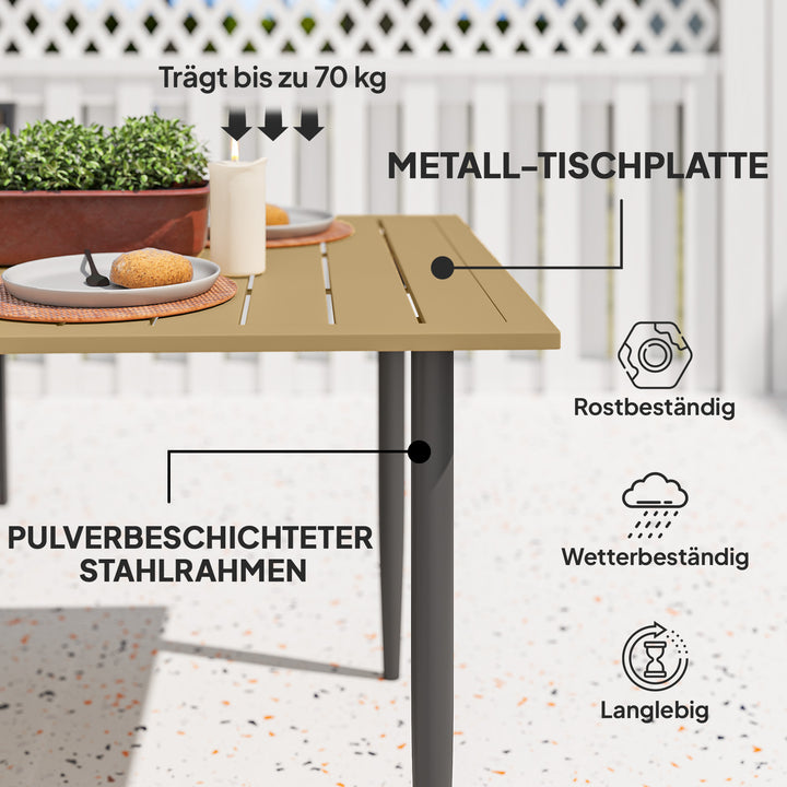 Havebord 150x90cm, vejrbestandigt balkonbord af stål, balkonbord med parasolhul, brunt
