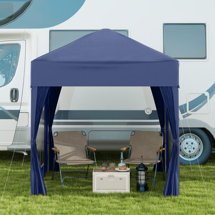 Pop-up-pavillon, øltelt, 4 aftagelige sidevægge, 2 vinduer, metalramme, 2 x 2m, blå