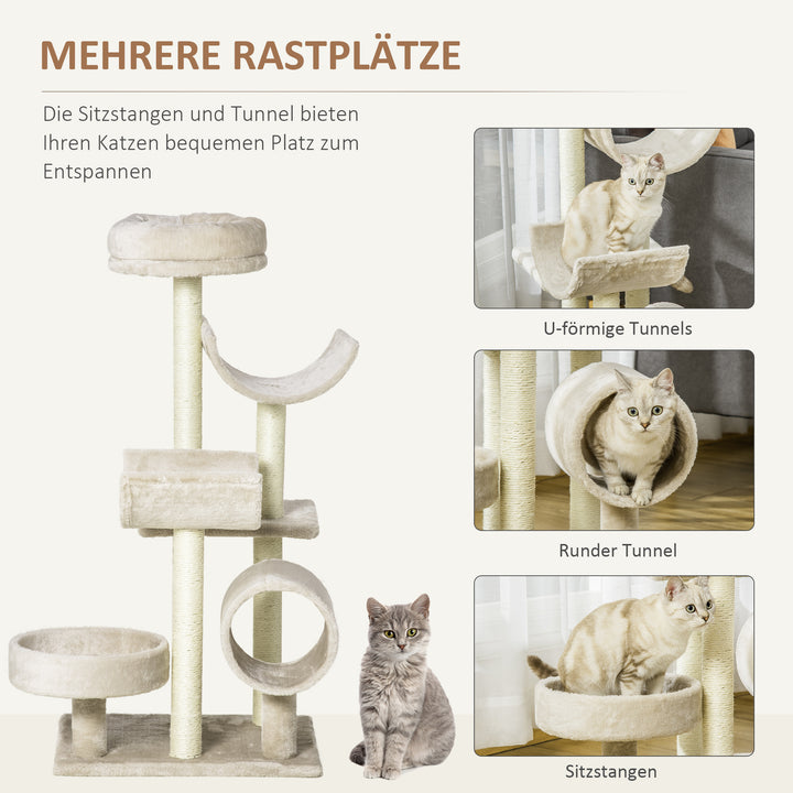 Kradsetræ til katte, klatretræ til katte, kradsetræstunnel, legetøjstunnel, beige l50 x b40 x h105 cm