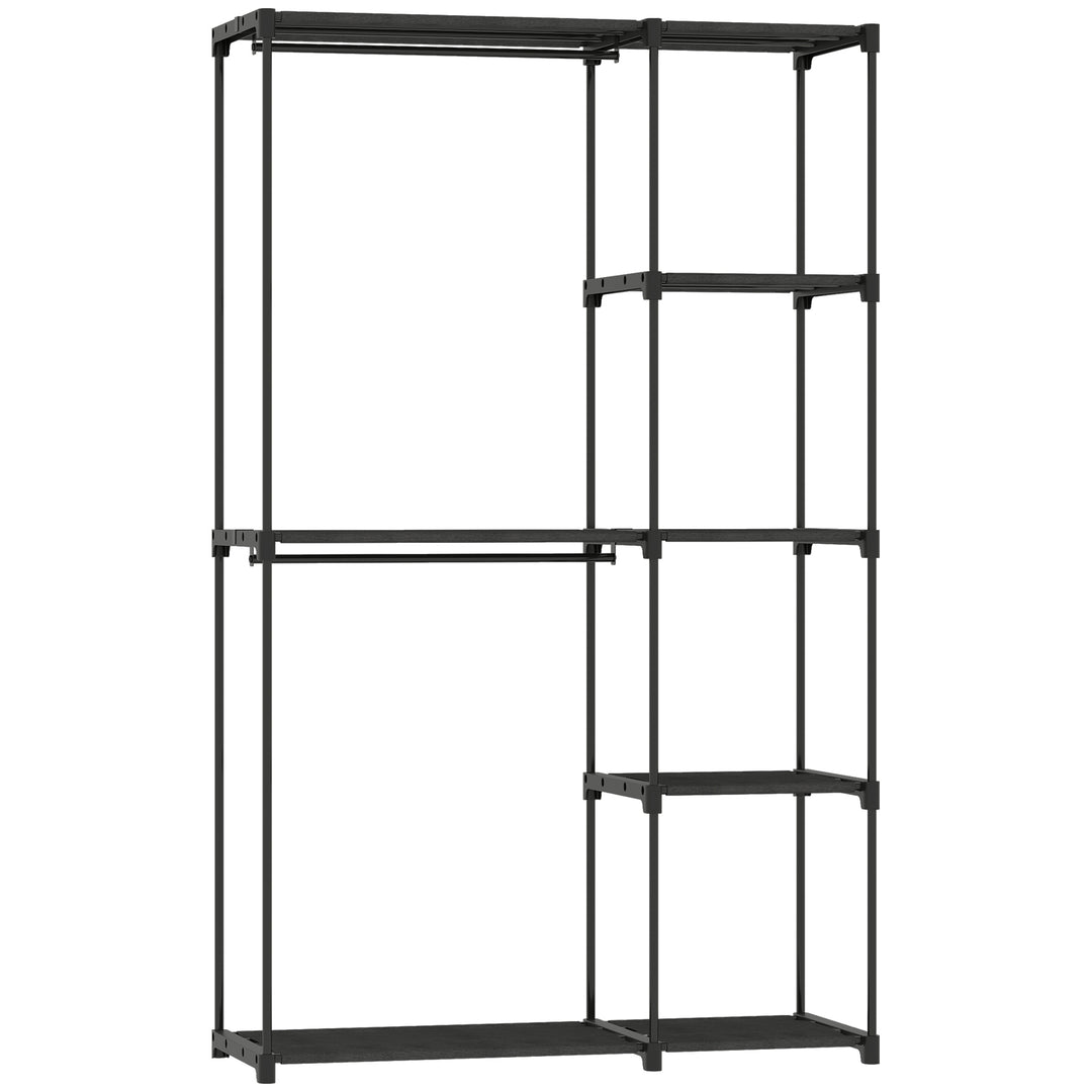 Stofgarderobe med bøjlestang og hylder, til soveværelse eller påklædningsværelse, 111 x 43 x 185 cm, sort