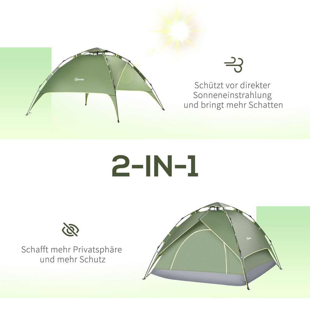 Dobbelttelt, campingtelt, udendørstelt, familietelt, hurtigopsætningstelt, 2 voksne + 1 barn, 4 sæsoner, vandtæt, bæretaske, 2 døre, polyester + glasfiber, mørkegrøn, 210 x 210 x 140 cm