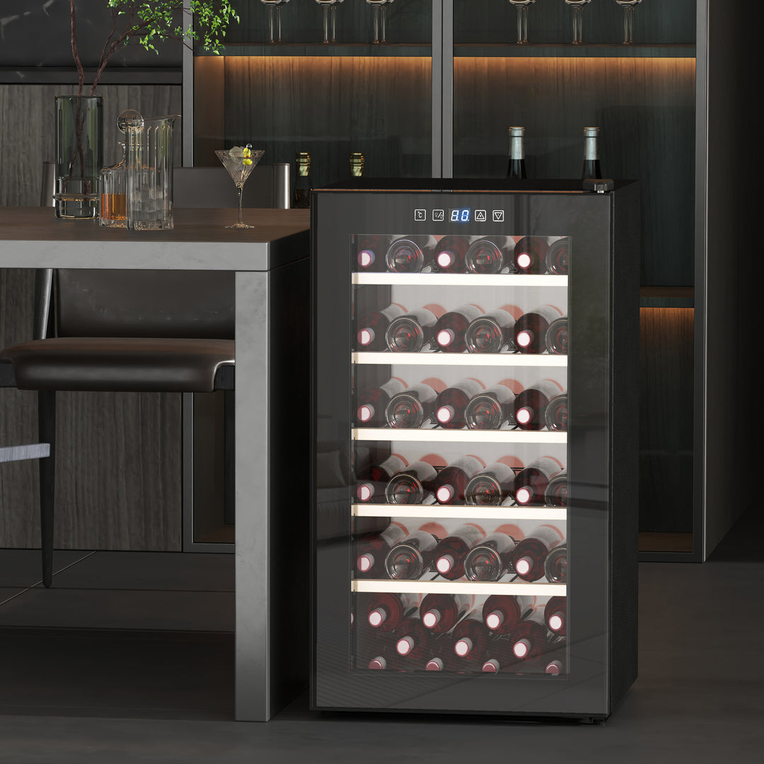 Vinkøler til 41 vinflasker, 91 liters kapacitet, drikkevarekøler med led-display, touchskærm, sort