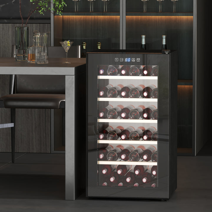 Vinkøler til 41 vinflasker, 91 liters kapacitet, drikkevarekøler med led-display, touchskærm, sort