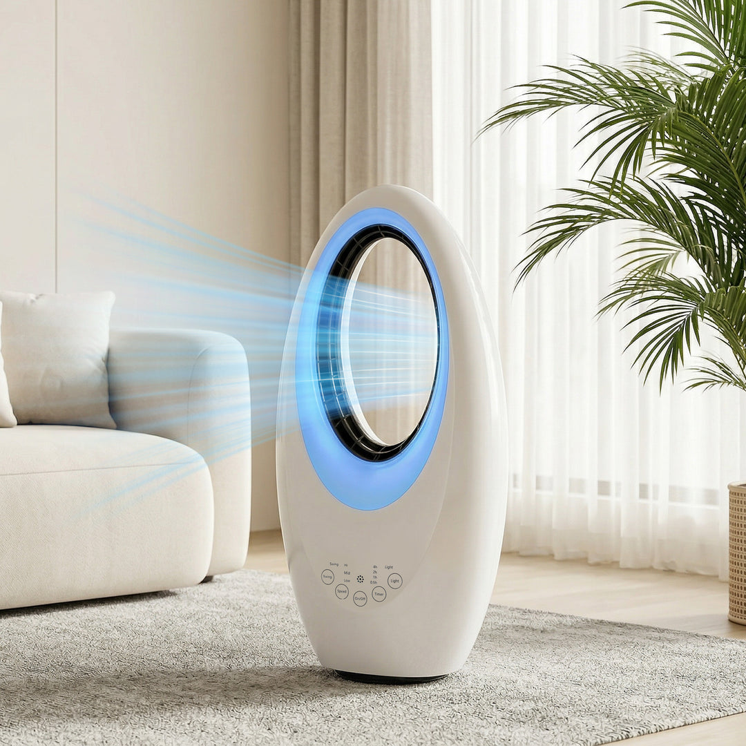 Tårnventilator uden rotorblade, støjsvag ventilator med 60° oscillation, LED-belysning, 3 hastigheder, 7,5 timer