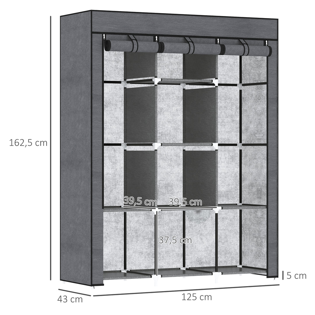 Stofgarderobe, opbevaringsløsning, 8 hylder, 2 garderobestativer, mørkegrå
