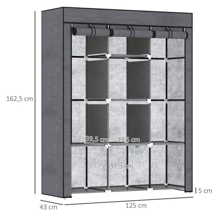 Stofgarderobe, opbevaringsløsning, 8 hylder, 2 garderobestativer, mørkegrå