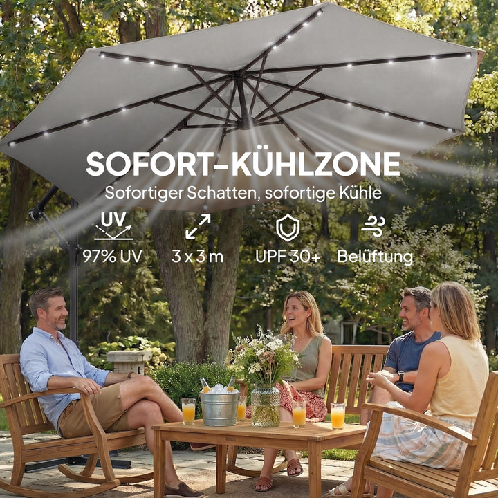 LED solcelledrevet parasol, ca. Ø300 cm, drejelig, med håndsving, beskyttelsesovertræk, lysegrå