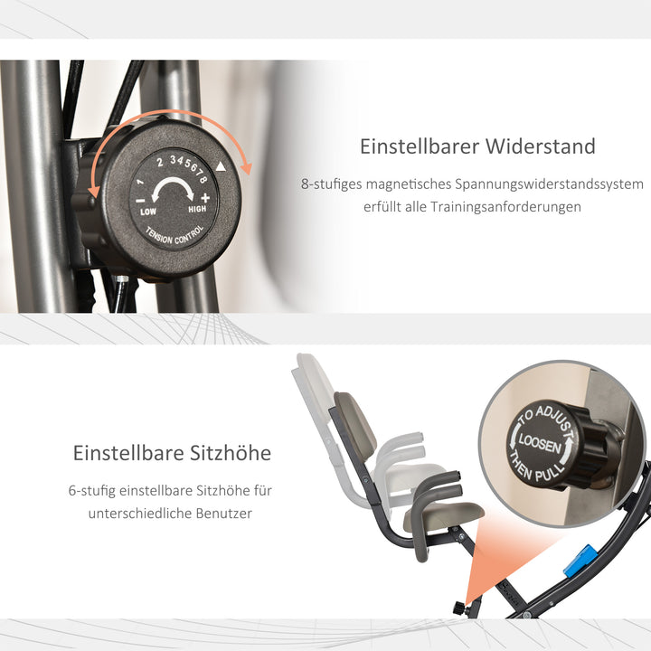 2-i-1 motionscykel med LCD-display, justerbar pulsmåler, sæde og hjul; foldbar motionscykel med 8 niveauer af magnetisk modstand, spændekabel og stålstel.