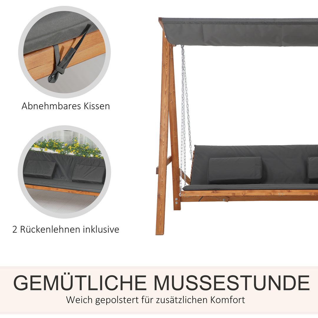 Hollywood gynge med sengefunktion, 3-personers havegynge, lærketræ med justerbar solskærm, 225,5 x 130 x 180 cm