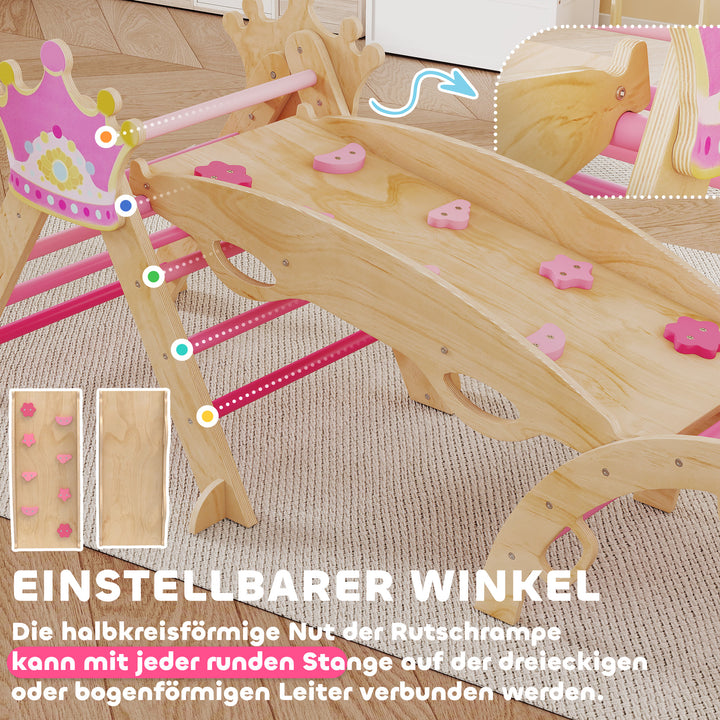 8-i-1 indendørs klatrestativ til børn, prinsessedesign, rutsjebane, rampe, bue, træ
