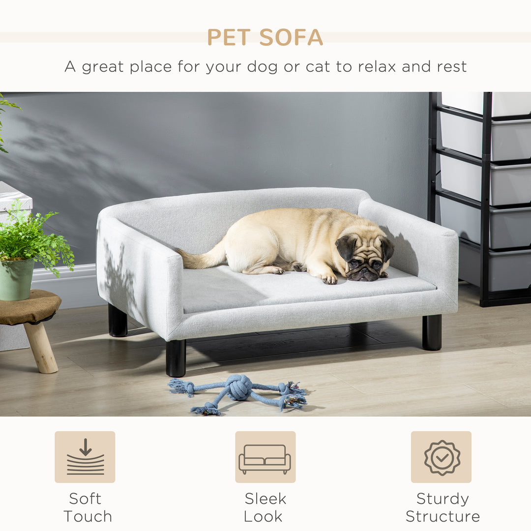 Hundesofa, Hundeseng, Hundeseng lavet af fløjl med ryglæn, Træben, Kattesofa til mellemstore hunde, 82 x 54 x 36 cm, Lysegrå