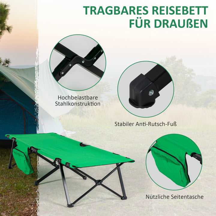 Campingseng, klapseng med sidelomme og kopholder, lasteevne op til 136 kg, stål oxford grøn + sort, 190 x 65 x 40 cm