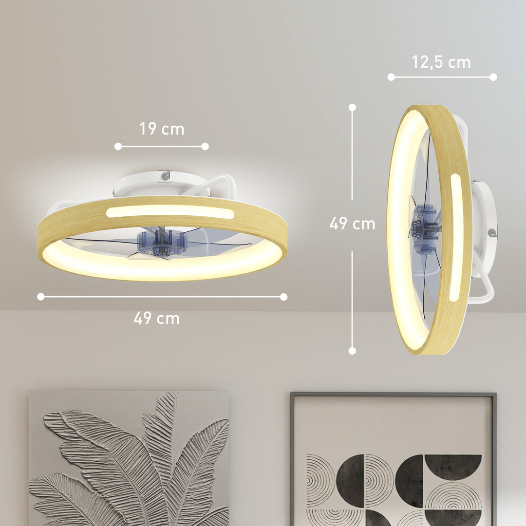 Loftventilator med lys og fjernbetjening, 49 cm LED-loftventilator med 3 farvetemperaturer, naturlig træfinish
