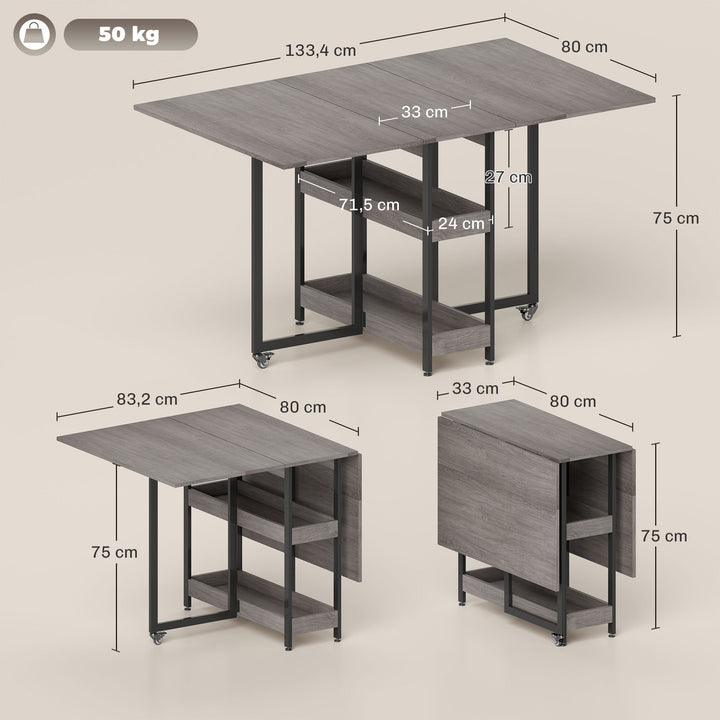 Klappeligt spisebord i industrielt design, til op til 4 personer, åbne hylder, fleksibelt, metal, spånplade, grå
