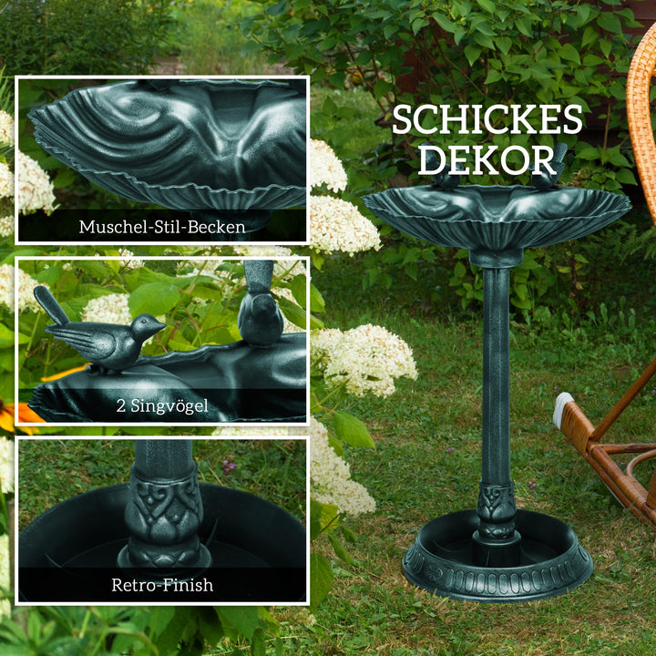 Fuglebad med statuer, 2 bassiner, plastik, antikt look, 49,5L x 38B x 81H cm, mørkegrøn