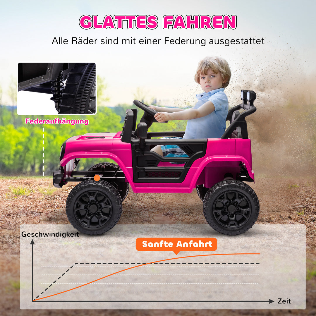 Børne elbil 12V med 2,4 GHz fjernbetjening, 2 motorer, horn, LED-lys, musik, til alderen 3-8, lyserød