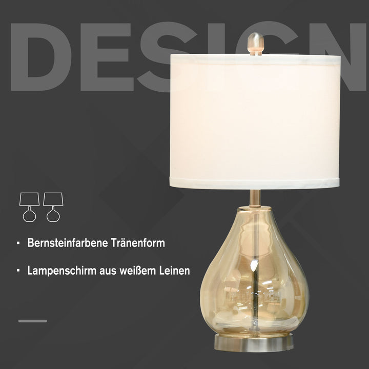 Sæt med 2 bordlamper, bordlamper, e27-fatning, sengelampe, 40 w, glas, hør, metal, rav, 30 x 56h cm