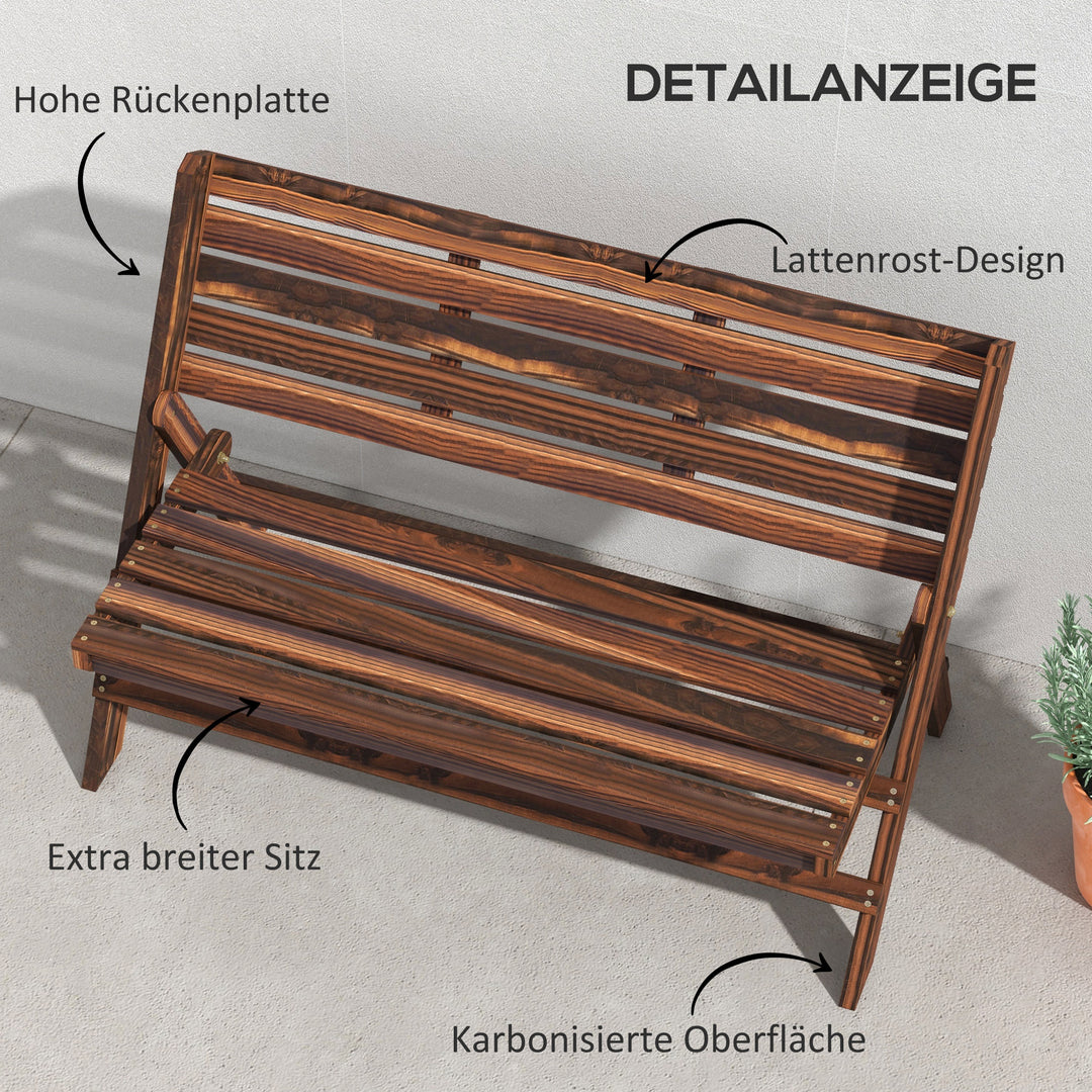 Havebænk til 2 personer, rustikt design, foldbar, naturtræ, 122 x 63 x 83 cm, forkullet overflade