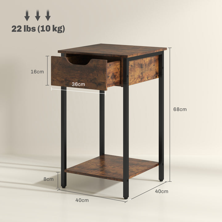 Sidebord i industriel stil med skuffe og opbevaringsrum, metalstel, træ, 40 x 40 x 68 cm, brun