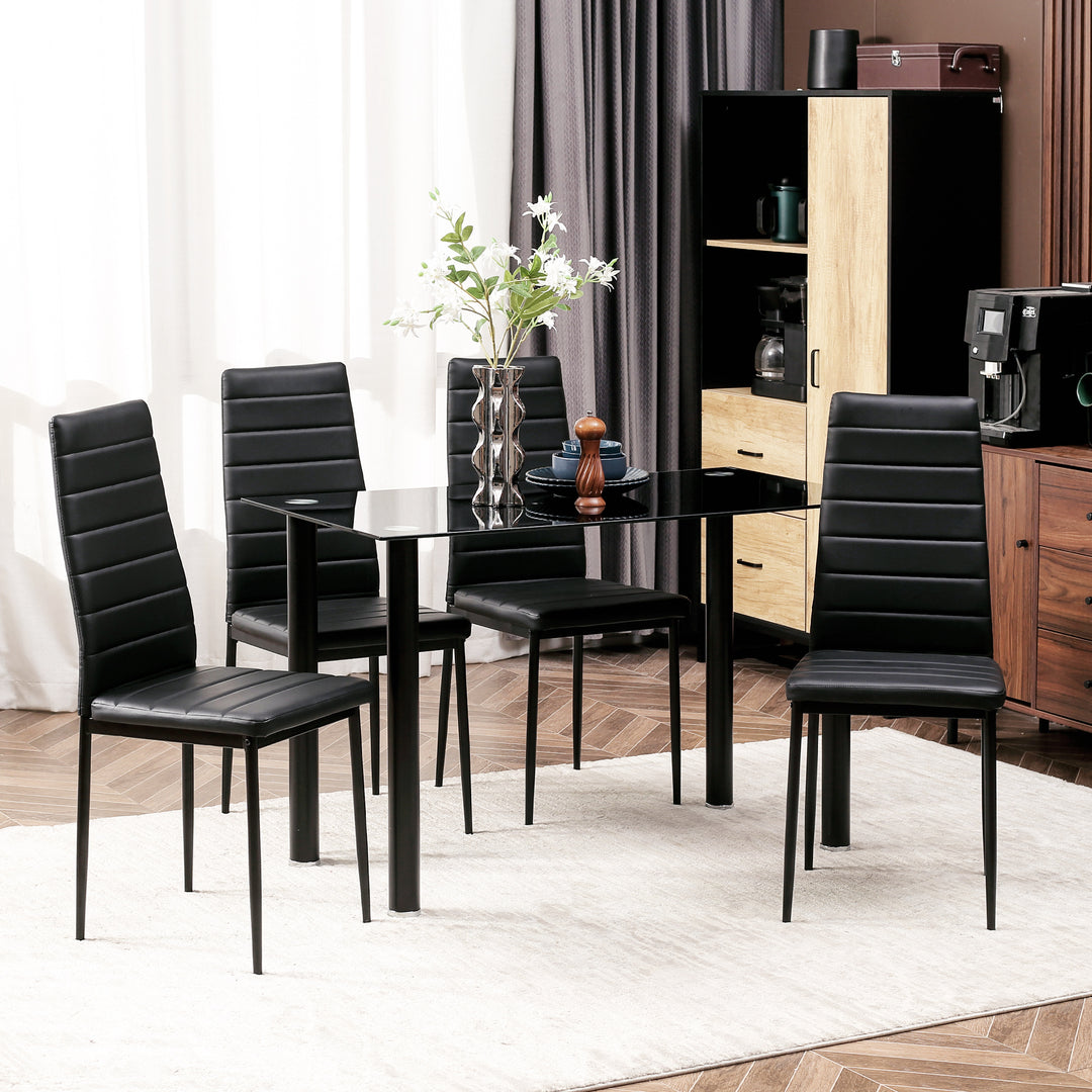 5-Delt spisebordssæt med 4 stole, moderne design, glasbord, sort