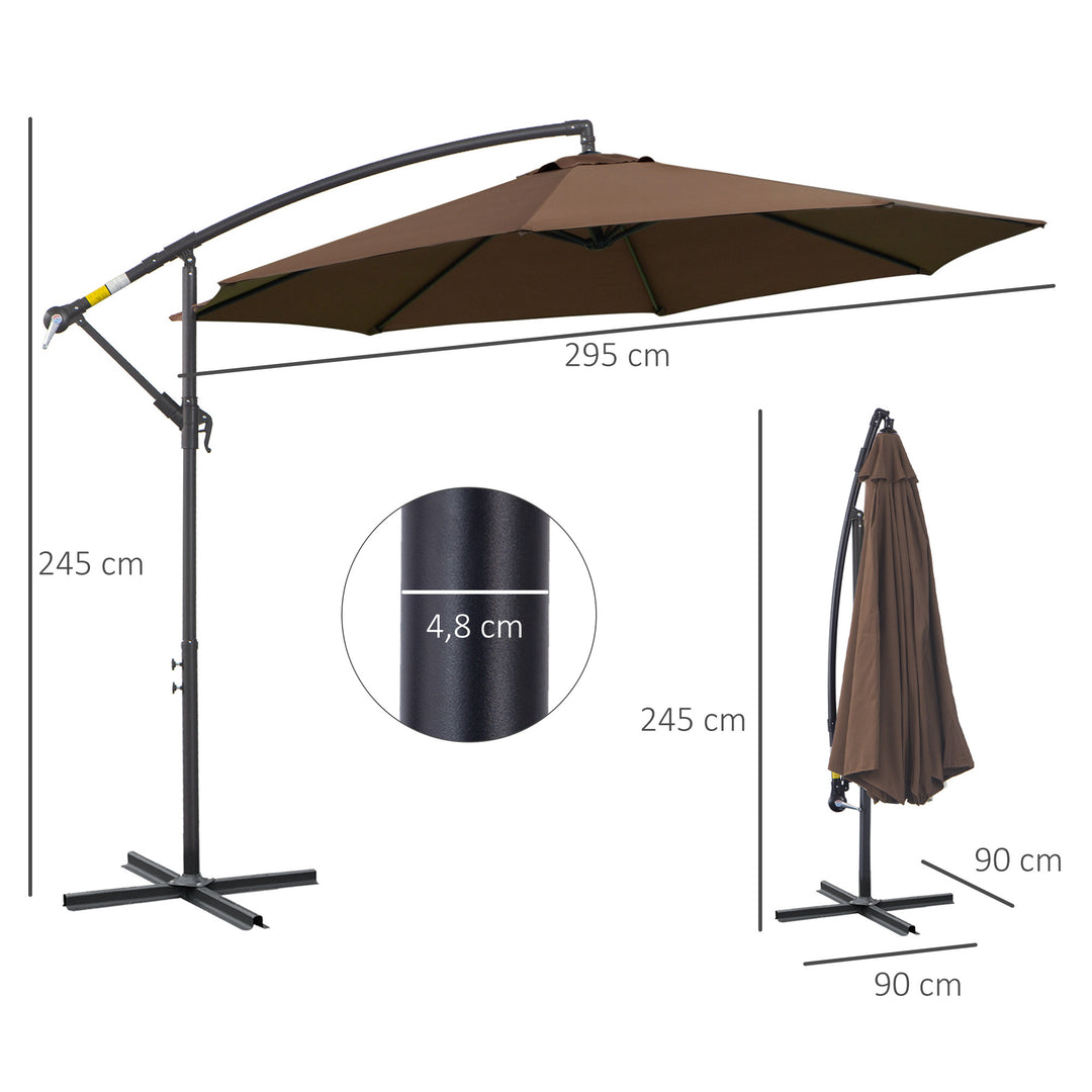 Parasol med håndsving, vejrbestandig, 3 m x 3 m x 2,5 m, stål, polyester, kaffe