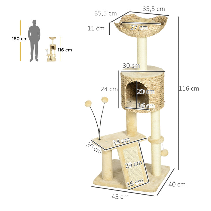 Kradsetræ med kattehule, liggeplatform, legebold, 45x40x116 cm, brun/beige