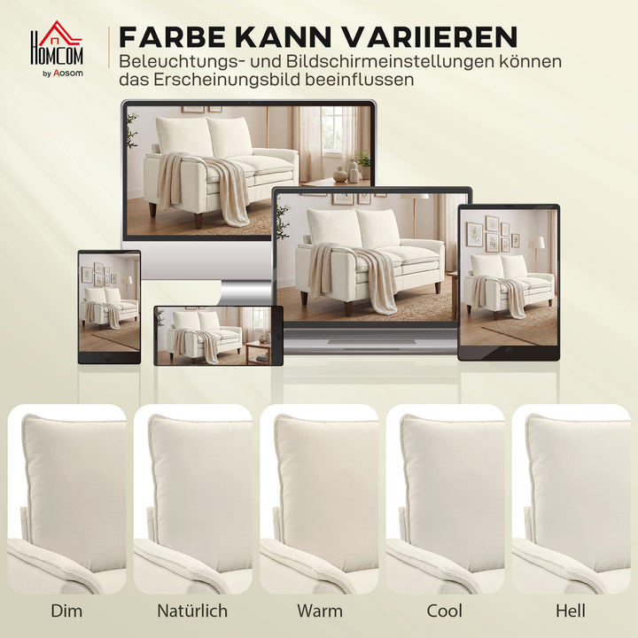 146 cm to-personers sofa, chenille sofa med dobbeltbetræk, fjerhynder, dybt sæde, højt ryglæn, cremefarvet