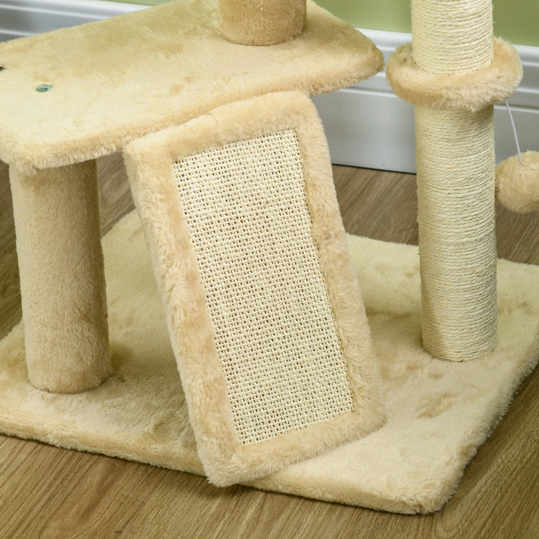 Kradsetræ med kattehule, liggeplatform, legebold, 45x40x116 cm, brun/beige