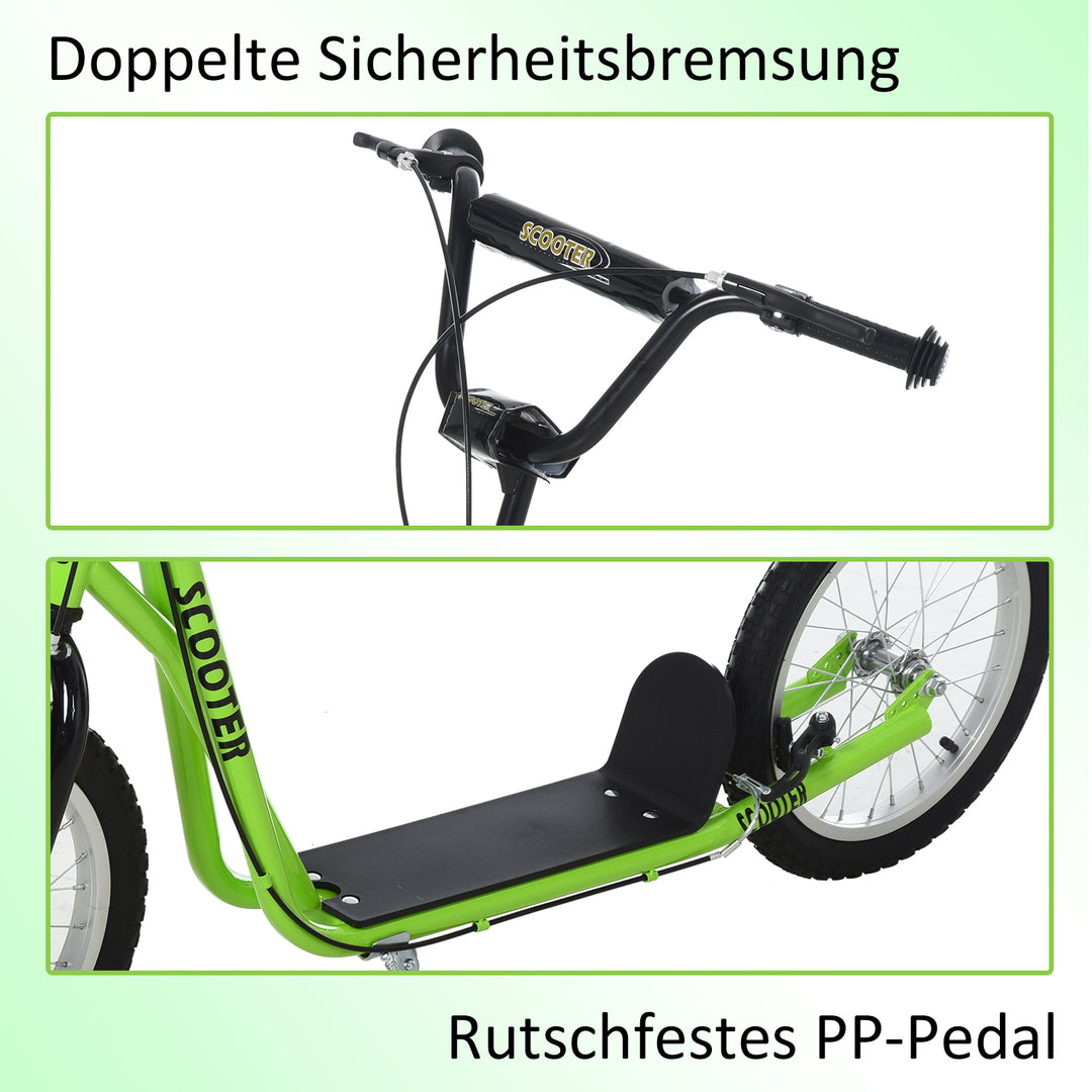 Børnescooter, sparkscooter, city scooter, sparkscooter, børnesparkbræt med luftgummidæk og håndbremse, scooter til børn fra 5 år, 16 tommer, grøn, 139 x 58 x 90-96 cm